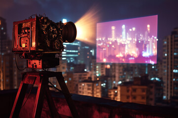 Nighttime rooftop cinema featuring a vintage film projector casting light onto a large screen city skyline in the background