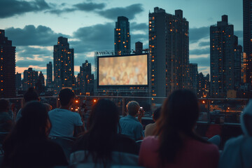 Nighttime rooftop cinema featuring a vintage film projector casting light onto a large screen city skyline in the background