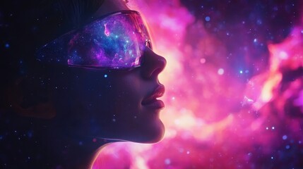 Naklejka premium A woman wearing futuristic glasses gazes into a colorful galaxy, blending technology with the beauty of space.