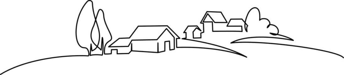 Landscape with village houses on hill. Continuous one line drawing.