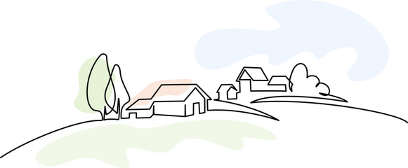 Landscape with village houses on hill. Continuous one line drawing.