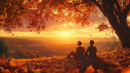 Fototapeta premium A couple watches a beautiful sunset through autumn leaves in a peaceful landscape. Nature offers warmth and love in this serene moment.