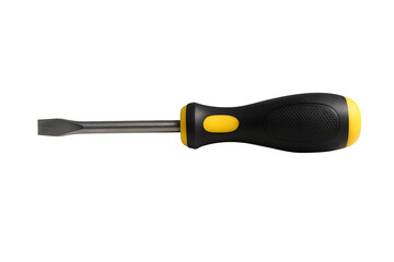 Modern Flathead Screwdriver with Bright Yellow Accents and Comfortable Grip, Presented on a Pristine Light Gray Surface, Symbolizing Hand Tools, Assembly, and Manual Labor