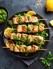 Grilled tuna skewers with chermoula and preserved lemons, top view.