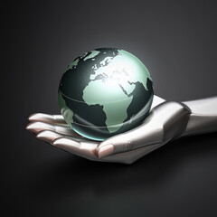 Hand holding earth. Stylized Earth Protected by Hand on Black Background – Concept of Environmental Care