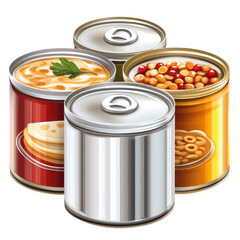Assorted Canned Foods Featuring Soups, Beans, and Sauces in Colorful Containers for Easy Meal Preparation on transparent background