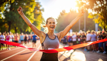 Winning and cheering female athlete crossing the finish line – celebration, success, and athletic victory moment