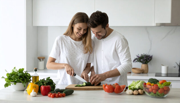 young couple cooking together -couple preparing healthy meal together in kitchen by slicing fresh vegetables – modern lifestyle