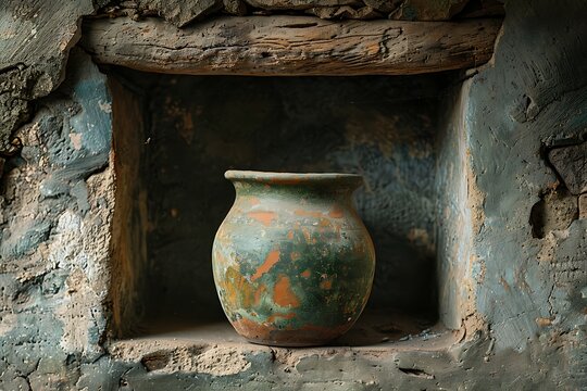 Worn clay urn resting in sunlight high resolution picture - Powered by Adobe