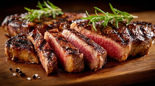 Juicy medium-rare ribeye steak, perfectly grilled. A celebration of rich flavors and culinary mastery.
