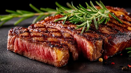 Juicy medium-rare ribeye steak, perfectly grilled. A celebration of rich flavors and culinary mastery.
