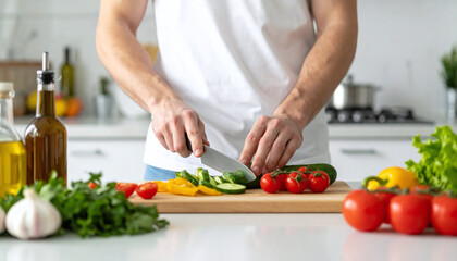 Man preparing healthy meal by slicing colorful fresh vegetables in a bright kitchen