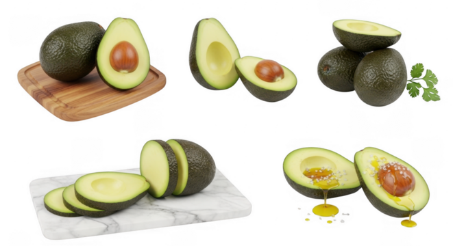 Fresh Avocados Cut Open To Reveal Creamy Flesh and Nutritious Pit, isolated on a transparent background