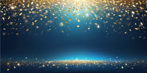 Bright festive fireworks illuminate the winter night sky, creating an abstract background with glowing stars and a celestial blue celebration