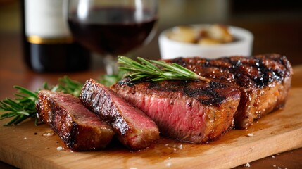 Juicy medium-rare ribeye steak, perfectly grilled. A celebration of rich flavors and culinary mastery.
