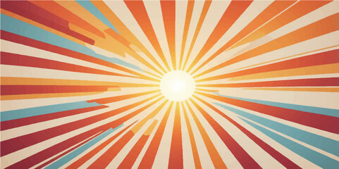 A bright, radial orange and yellow sunburst pattern with retro rays and a starburst design for a vibrant abstract background