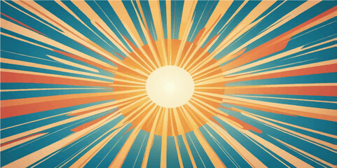 Bright orange and yellow sunburst vector illustration with radial sunbeams creating an abstract light pattern for a summer sky background