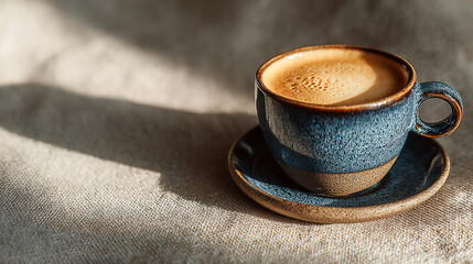 A close up of a blue ceramic coffee cup with coffee on a matching saucer on a textured surface