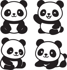 Adorable Kawaii Panda Bears, Cute Poses in Black and White