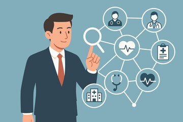 Businessman searching healthcare business network for medical service and health insurance. Man touching virtual screen to find doctor or hospital. Digital health technology concept.