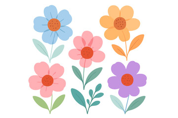 Set of colorful flowers with transparent petals. Modern flat vector cartoon illustration. Cute stylized floral collection isolated on white. Spring summer garden blossoms for design.
