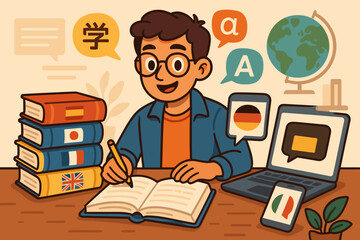 Multilingual Student Studying Foreign Languages with Books, Laptop, Speech Bubbles, Flags, and Digital Tools in Educational Classroom Setting. Language Learning Concept Vector Illustration