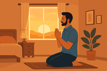 Man praying or meditating in his bedroom at sunrise. Peaceful morning spiritual practice. Concept of faith, devotion, gratitude, mindfulness, hope and starting a new day. Vector.
