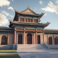Obraz premium stunning example of Mongolian architecture, this building features intricate designs, vibrant colors, and traditional elements. structure stands majestically against clear sky, its