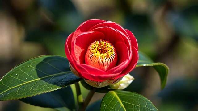 Vibrant Red Camellia Blossom: Close-Up of Blooming Flower in Natural Light.