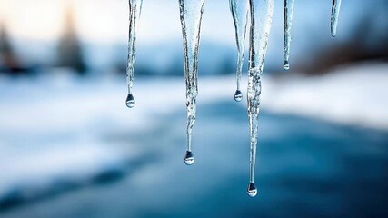 Icicle winter frozen water melting cold ice snow outdoor nature create serene scene with icicles dripping water as they melt cold air highlighting beauty of frozen landscape and tranquil scene with - Powered by Adobe
