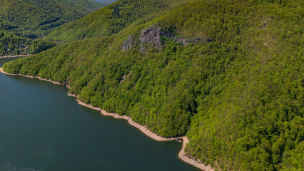 Aerial view of Piatra lui Lucaci rocky hill edge in forest near Tarnita Lake, Romania