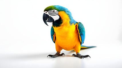 Colorful parrot with blue and yellow feathers standing on white surface, showing detailed plumage and curved black beak in bright light