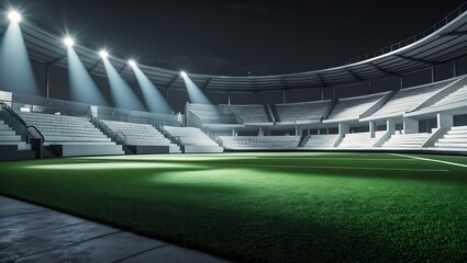 Fototapeta premium Night Stadium Illuminated Soccer Field, Empty Stands, Powerful Spotlights