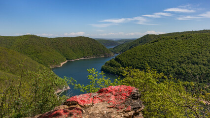 View of Tarnita Lake from Piatra lui Lucaci rocky viewpoint in Romania