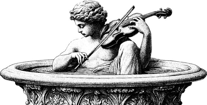 Angelic figure playing violin on ornate rena edge in vintage engraving style