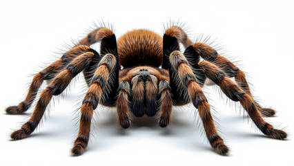 Realistic photograph of full body tarantula isolated on white background showing detailed hairy legs and body with natural brown and black colors