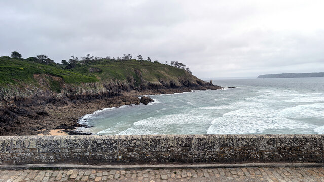 View from path to Petit Minou lighthouse, cliffs and ocean, Brittany, France