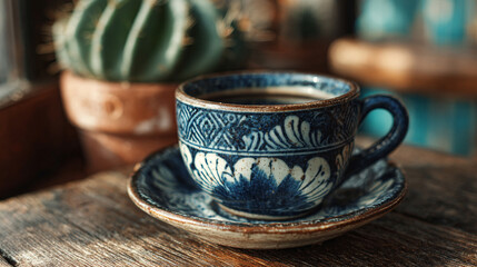 A patterned blue and white cup of coffee sits on a saucer with a cactus in the background on wood