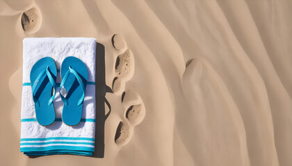 Flip-Flops and Towel on Sandy Beach with Footprints &ndash; Summer Vacation Concept