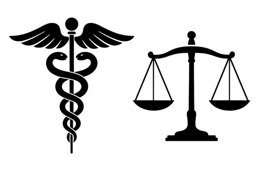 2 black and white study icons. Medicine caduceus and law balance scale. Clean symbols for education, learning and profession design.
