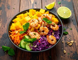 A colorful and appetizing salad bowl filled with ingredients like shrimp, mango, purple cabbage,...