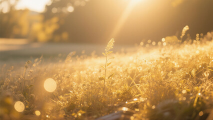 Warm sunlight bathes a grassy field, creating a serene and golden landscape with bokeh effects.
