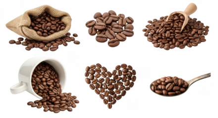 Assorted Coffee Beans in Various Arrangements for Coffee Lovers and Enthusiasts, isolated on a transparent background