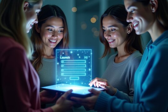 Gorgeous Individuals Engaging with Holographic Digital Registration Form on Advanced Tablet for Web App Debut.