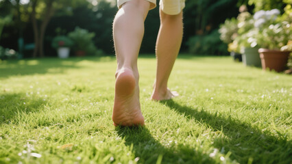 Barefoot stroll across sun-drenched lawn, summer day.
