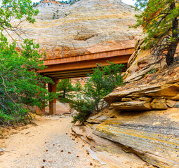 Upper Pine Creek Bridge Passing Under The Zion-Mt. Carmel Highway, Zion National Park, Utah, USA