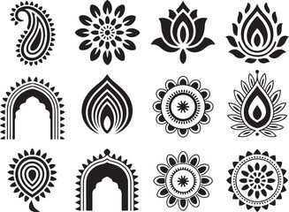 Set of traditional indian mehndi and henna patterns with paisley, floral, and arch Designs