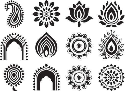 Set of traditional indian mehndi and henna patterns with paisley, floral, and arch Designs