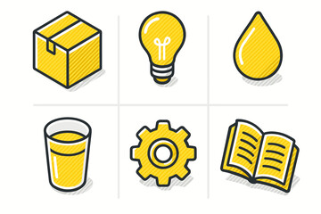 Yellow icons of box, light bulb, oil drop, juice, gear, and open book