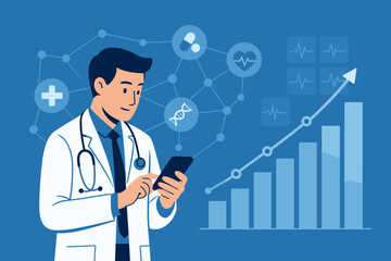 Healthcare business graph data and growth concept. Medicine doctor using mobile smartphone on interface with medical network connection. Medical investment and digital health innovation.